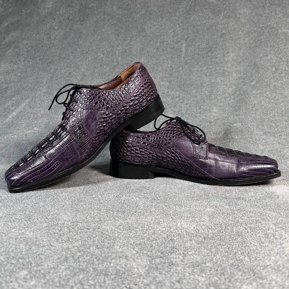 Stacy Adams Croc Embossed Derby Oxford Purple Leather Square Toe Shoes Mens 9.5M